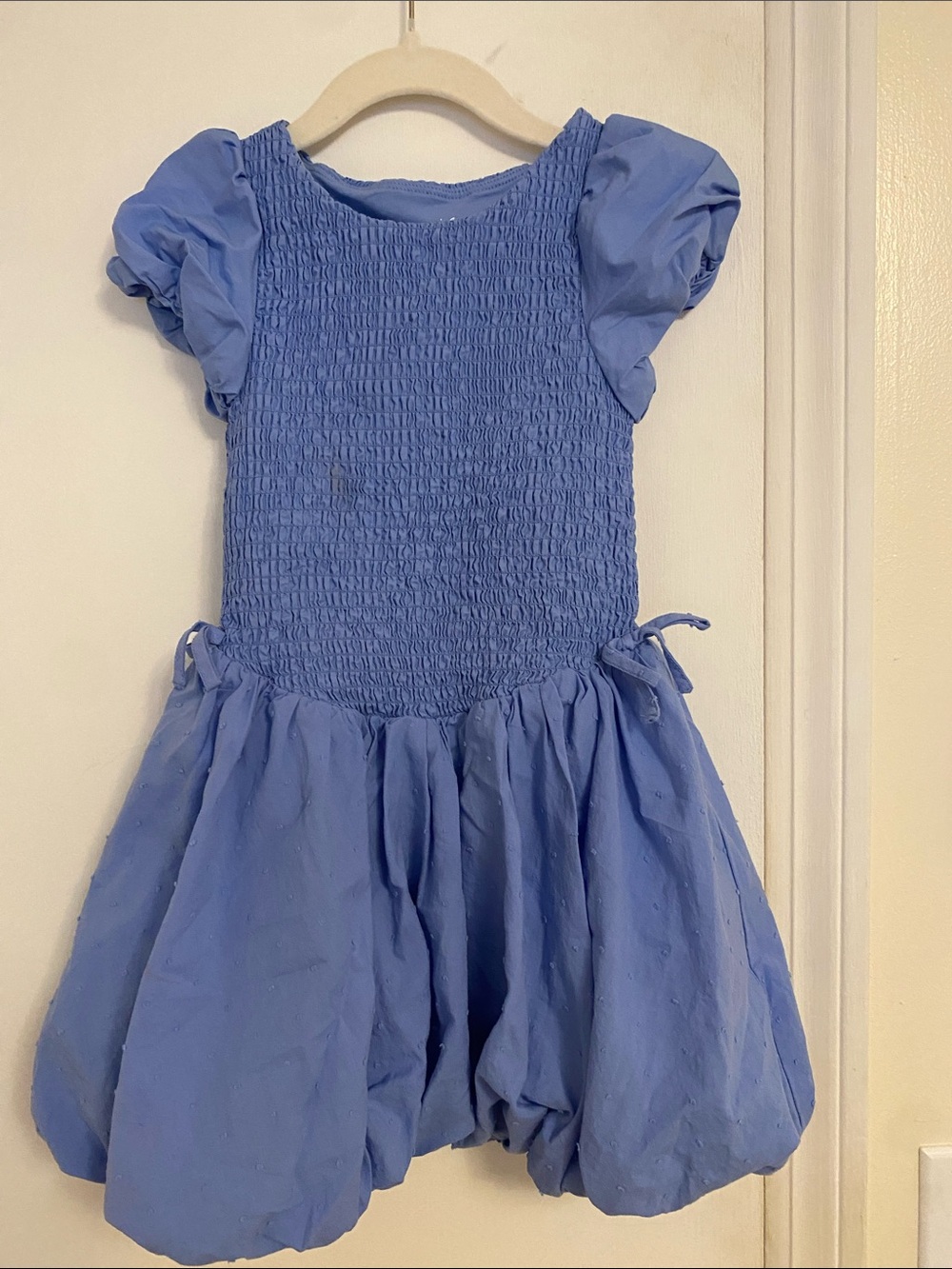 Little Girls Blue Smocked Puff-Sleeve Dress